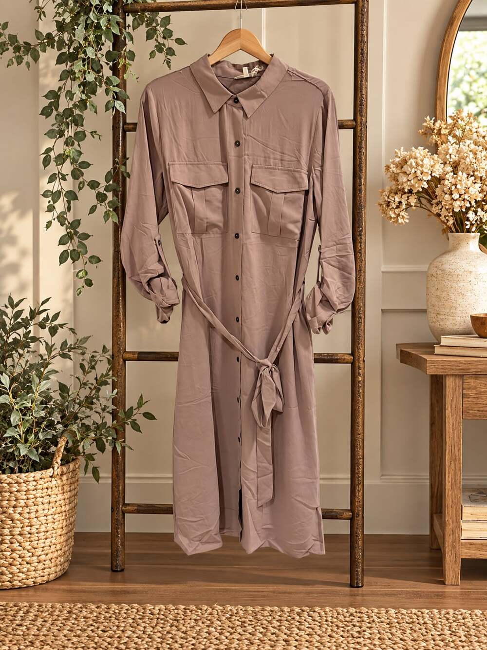 NWT Myystree Button Down Midi Shirtdress Sz L Belted Pocket